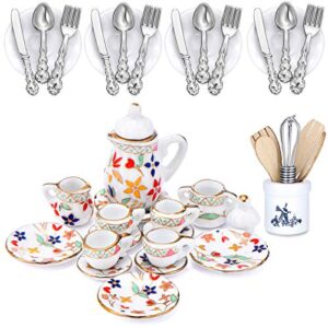 37 pieces 1:12 scale miniatures dollhouse kitchen accessories include 16 mini doll plates knife fork spoon, 6 mini egg beater utensil, 15 mini tea cup set for doll toy supplies (flora bloom)