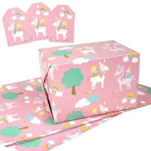 maypluss wrapping paper sheet set - folded flat - 3 large sheets with 3 gift tags - pink unicorn design(22.6 sq.ft.ttl) - 27.5 inch x 39.4 inch per sheet