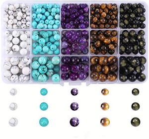 480 pcs natural stone beads for jewelry making, genuine gemstone round beads kit with white howlite,turquoise,purple agate,yellow tiger eye,gold obsidian beads for diy bracelet necklace.(10/8/6 mm)