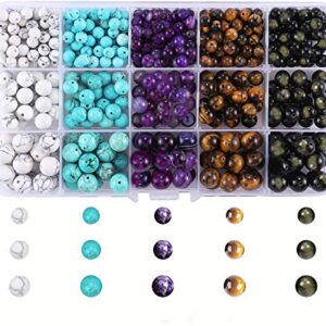 480 pcs Natural Stone Beads for Jewelry Making, Genuine Gemstone Round Beads Kit with White Howlite,Turquoise,Purple Agate,Yellow Tiger Eye,Gold Obsidian Beads for DIY Bracelet Necklace.(10/8/6 mm)