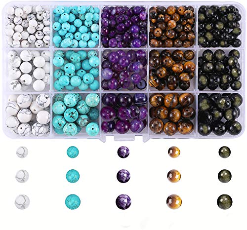 480 pcs Natural Stone Beads for Jewelry Making, Genuine Gemstone Round Beads Kit with White Howlite,Turquoise,Purple Agate,Yellow Tiger Eye,Gold Obsidian Beads for DIY Bracelet Necklace.(10/8/6 mm)