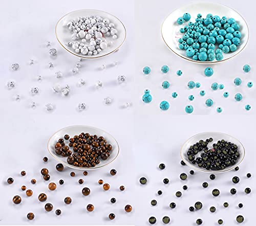 480 pcs Natural Stone Beads for Jewelry Making, Genuine Gemstone Round Beads Kit with White Howlite,Turquoise,Purple Agate,Yellow Tiger Eye,Gold Obsidian Beads for DIY Bracelet Necklace.(10/8/6 mm)