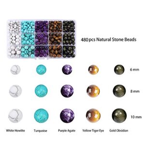 480 pcs Natural Stone Beads for Jewelry Making, Genuine Gemstone Round Beads Kit with White Howlite,Turquoise,Purple Agate,Yellow Tiger Eye,Gold Obsidian Beads for DIY Bracelet Necklace.(10/8/6 mm)