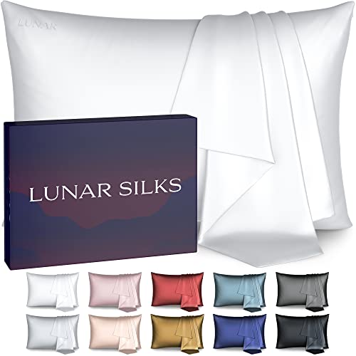 Lunar Silks, Highest Grade 6A 100% Pure Mulberry Real Silk Pillowcase 22 Momme (Both Sides) for Hair and Skin - Acne Free - 1PC in Gift Box (Frost White, Queen)