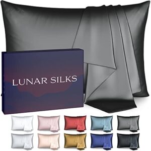 lunar silks, highest grade 6a 100% pure mulberry real silk pillowcase 22 momme (both sides) for hair and skin - acne free - 1pc in gift box (slate grey, queen)