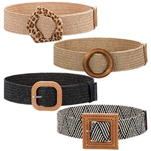 geyoga 4 pieces straw belts for women dresses straw woven elastic stretch wide waist belt bohemian with buckle (38 inch long)