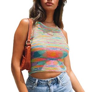 women basic ribbed knit tie dye tank top crew neck sleeveless crop top y2k summer camisole vest top (a colorful, xl)
