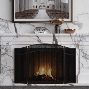 Fire Beauty Fireplace Screen for Wood Burning Fireplace Foldable 3 Panel Wrought Iron Fireplace Cover with Protective Mesh Fire Spark Guard for Indoor Outdoor Flat Guard Fire Screens Black