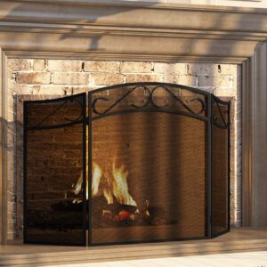 Fire Beauty Fireplace Screen for Wood Burning Fireplace Foldable 3 Panel Wrought Iron Fireplace Cover with Protective Mesh Fire Spark Guard for Indoor Outdoor Flat Guard Fire Screens Black