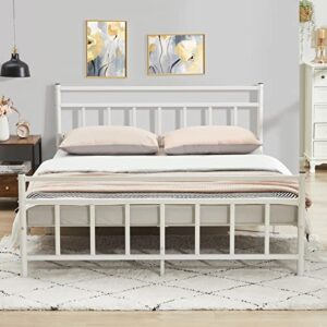 greenforest full size bed frame with headboard metal platform bed heavy duty no-noise steel slats support mattress foundation, no box spring needed, white