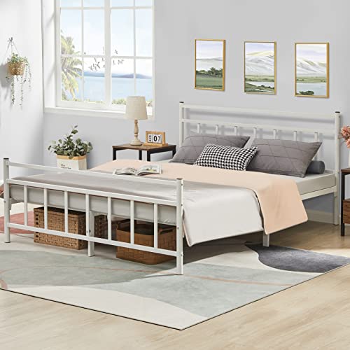 GreenForest Full Size Bed Frame with Headboard Metal Platform Bed Heavy Duty No-Noise Steel Slats Support Mattress Foundation, No Box Spring Needed, White