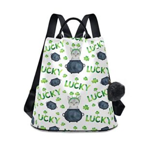 alaza cute cat kitten shamrocks leaf st patrick backpack purse for women anti theft fashion back pack shoulder bag