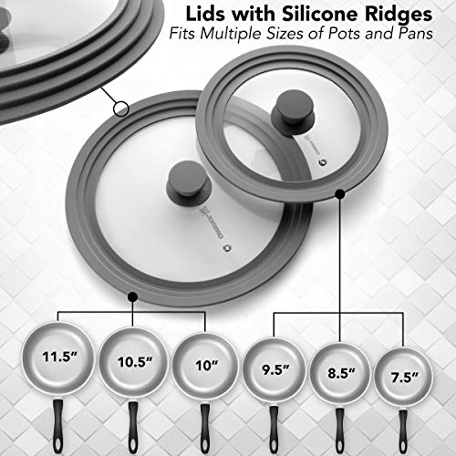 Universal Silicone Glass Lid for Pots Pans & Skillet 8 to 11 Inches, Tempered Glass Lid with Steam Vent, Cool-Touch Handle Dishwasher Safe (Pack of Two - Grey)