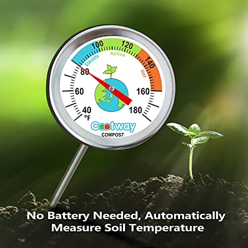 Rukars Compost Thermometer, 16 Inch Stem Backyard Compost Thermometer, Waterproof Soil Temperature Thermometer for Compost, Stainless Steel, with Composting Temperature Guide, 40-180 Degrees F