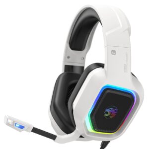 ziumier z30 white gaming headset for ps4, ps5, xbox one, pc, wired over-ear headphone with noise isolation microphone, rgb flowing led light, bass surround sound