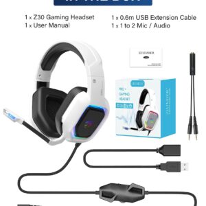 ZIUMIER Z30 White Gaming Headset for PS4, PS5, Xbox One, PC, Wired Over-Ear Headphone with Noise Isolation Microphone, RGB Flowing LED Light, Bass Surround Sound