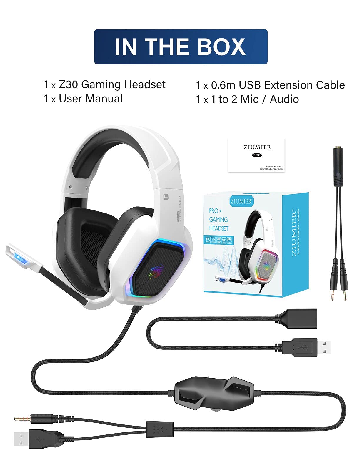 ZIUMIER Z30 White Gaming Headset for PS4, PS5, Xbox One, PC, Wired Over-Ear Headphone with Noise Isolation Microphone, RGB Flowing LED Light, Bass Surround Sound