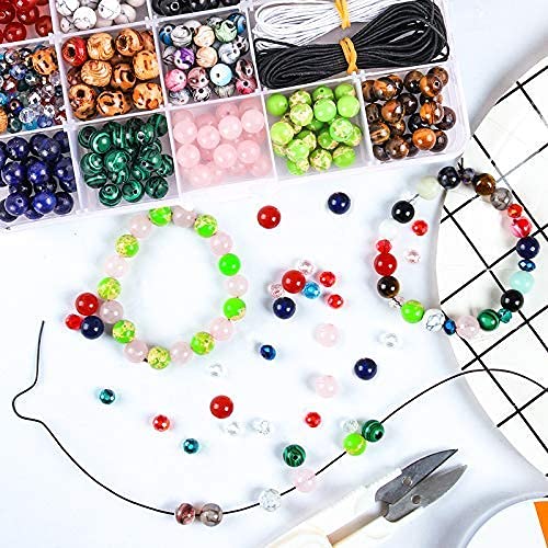 Fishdown 290 Pcs Mixed Stone Beads for Jewelry Making Kit, Crystal Beads Set Chakra Healing Beads, Loose Beading Gemstone Beads Wooden Beads Assortment for Bracelets Necklace Making DIY Kit