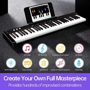 61 Key Electric Keyboard Piano Full Size Keys Portable Complete Digital Electronic Music Piano Set Lighted Keys with Built-In Speakers & Keynote Stickers for Piano Beginners