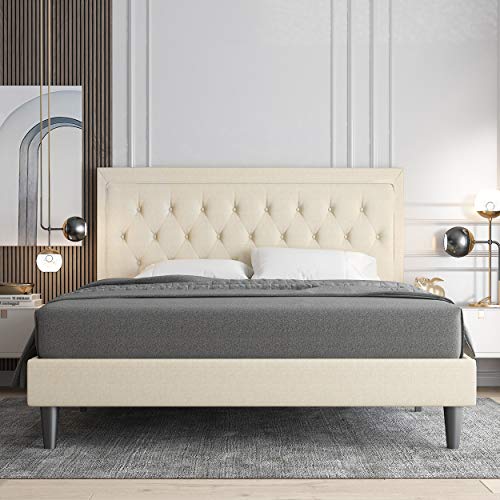 Allewie Queen Size Button Tufted Platform Bed Frame/Fabric Upholstered Bed Frame with Adjustable Headboard/Wood Slat Support/Mattress Foundation/Beige (Queen)