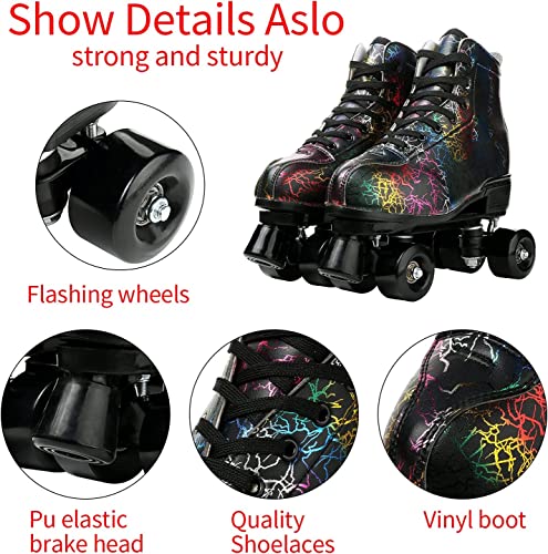 LEAFIS Roller Skates Classic High-top for Adult Outdoor Skating Light-Up Four-Wheel Roller Skates Shiny Roller Skates for Women (Lightning Black Flash Wheel,38 / US 6.5)