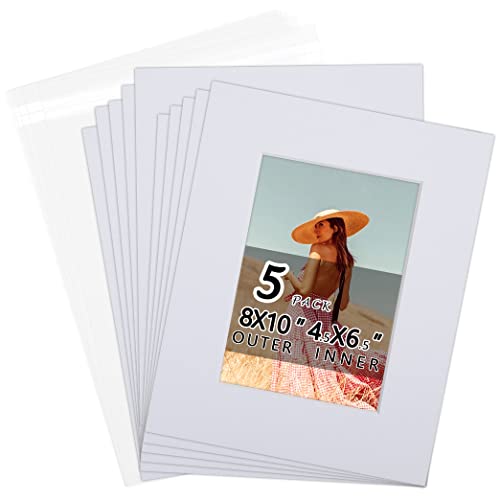 Acid-Free 5 Pack 8x10 Pre-Cut Mat Board Show Kit for 5x7 Photos, Prints or Artworks, 5 Core Bevel Cut Matts and 5 Backing Boards and 5 Crystal Plastic Bags, White