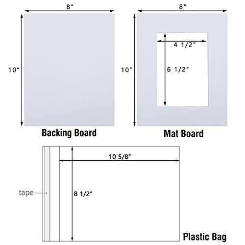 Acid-Free 5 Pack 8x10 Pre-Cut Mat Board Show Kit for 5x7 Photos, Prints or Artworks, 5 Core Bevel Cut Matts and 5 Backing Boards and 5 Crystal Plastic Bags, White