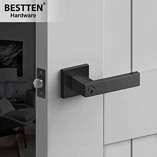BESTTEN Heavy Duty Entry Door Lever for Exterior and Interior Use, Matte Black Square Door Handle, Commercial and Residential, Monaco Series