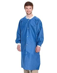 ezgoodz disposable lab coats for adults medium, blue sms waterproof disposable clothing 10 pack, breathable and light lab coats disposable 40 gsm with knit wrists, collar, front snaps, 3 pockets