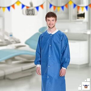 EZGOODZ Disposable Lab Coats for Adults Medium, Blue SMS Waterproof Disposable Clothing 10 Pack, Breathable and Light Lab Coats Disposable 40 GSM with Knit Wrists, Collar, Front Snaps, 3 Pockets