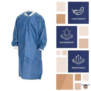 EZGOODZ Disposable Lab Coats for Adults Medium, Blue SMS Waterproof Disposable Clothing 10 Pack, Breathable and Light Lab Coats Disposable 40 GSM with Knit Wrists, Collar, Front Snaps, 3 Pockets