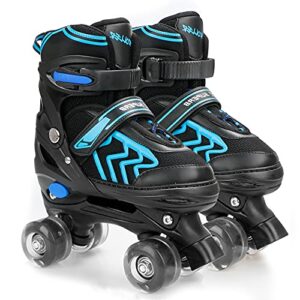 kids roller skates for boys adjustable roller skates for boys, girls with 8 wheels lighting for indoor outdoor quad skates (black&blue, medium - big kid)