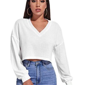 SheIn Women's Pullover Cropped Tshirt Long Sleeve V Neck Casual Crop Tops White X-Large