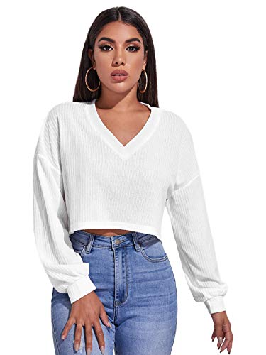 SheIn Women's Pullover Cropped Tshirt Long Sleeve V Neck Casual Crop Tops White X-Large