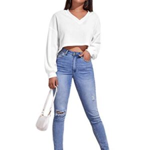 SheIn Women's Pullover Cropped Tshirt Long Sleeve V Neck Casual Crop Tops White X-Large