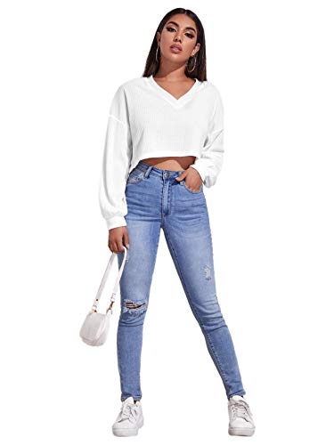 SheIn Women's Pullover Cropped Tshirt Long Sleeve V Neck Casual Crop Tops White X-Large