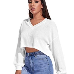 SheIn Women's Pullover Cropped Tshirt Long Sleeve V Neck Casual Crop Tops White X-Large