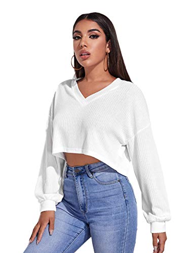 SheIn Women's Pullover Cropped Tshirt Long Sleeve V Neck Casual Crop Tops White X-Large