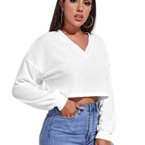 SheIn Women's Pullover Cropped Tshirt Long Sleeve V Neck Casual Crop Tops White X-Large