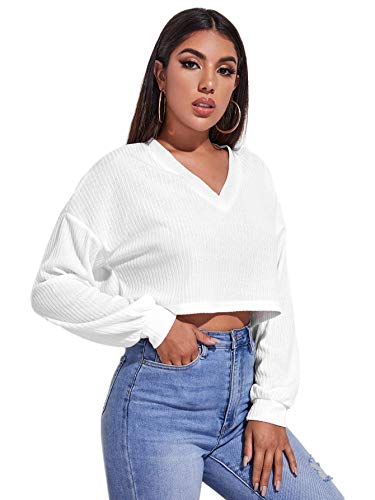 SheIn Women's Pullover Cropped Tshirt Long Sleeve V Neck Casual Crop Tops White X-Large