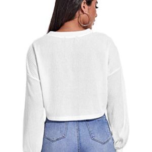 SheIn Women's Pullover Cropped Tshirt Long Sleeve V Neck Casual Crop Tops White X-Large