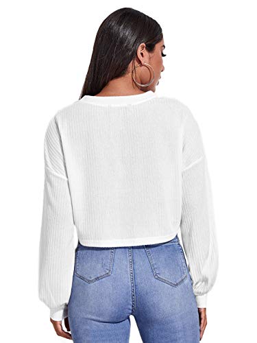 SheIn Women's Pullover Cropped Tshirt Long Sleeve V Neck Casual Crop Tops White X-Large