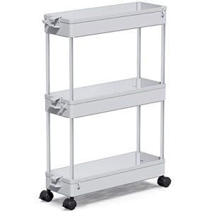 spacekeeper slim rolling storage cart, laundry room organization, 3 tier mobile shelving unit bathroom organizer utility cart for kitchen narrow places(gray)