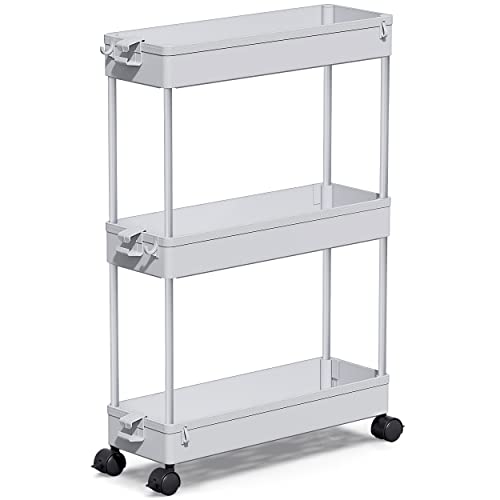 SPACEKEEPER Slim Rolling Storage Cart, Laundry Room Organization, 3 Tier Mobile Shelving Unit Bathroom Organizer Utility Cart for Kitchen Narrow Places(Gray)