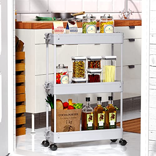 SPACEKEEPER Slim Rolling Storage Cart, Laundry Room Organization, 3 Tier Mobile Shelving Unit Bathroom Organizer Utility Cart for Kitchen Narrow Places(Gray)