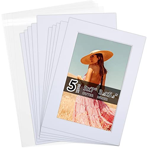 Acid Free 5 Pack 5x7 Pre-Cut Mat Board Show Kit for 4x6 Photos, Prints or Artworks, 5 Core Bevel Cut Matts and 5 Backing Boards and 5 Crystal Plastic Bags, White