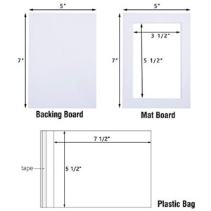 Acid Free 5 Pack 5x7 Pre-Cut Mat Board Show Kit for 4x6 Photos, Prints or Artworks, 5 Core Bevel Cut Matts and 5 Backing Boards and 5 Crystal Plastic Bags, White