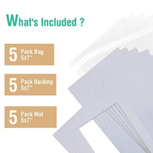 Acid Free 5 Pack 5x7 Pre-Cut Mat Board Show Kit for 4x6 Photos, Prints or Artworks, 5 Core Bevel Cut Matts and 5 Backing Boards and 5 Crystal Plastic Bags, White