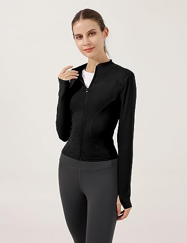 Locachy Women's Lightweight Stretchy Workout Full Zip Running Track Jacket with Thumb Holes Black M