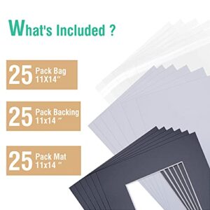 Acid Free 25 Pack 11x14 Pre-Cut Mat Board Show Kit for 8x10 Photos, Prints or Artworks, 25 Core Bevel Cut Matts and 25 Backing Boards and 25 Crystal Plastic Bags, Black